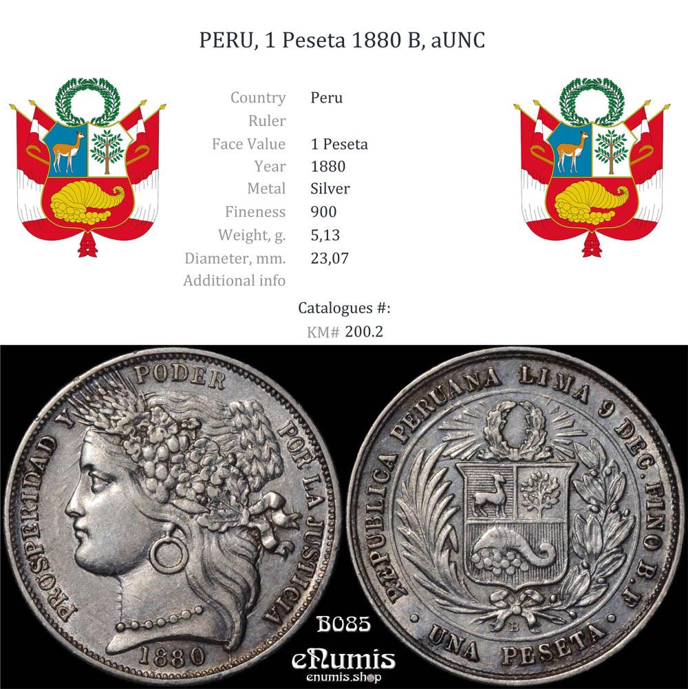 PERU, 1 Peseta 1880 B., with dot, aUNC PERU, 1 Peseta 1880 B., with dot, aUNC