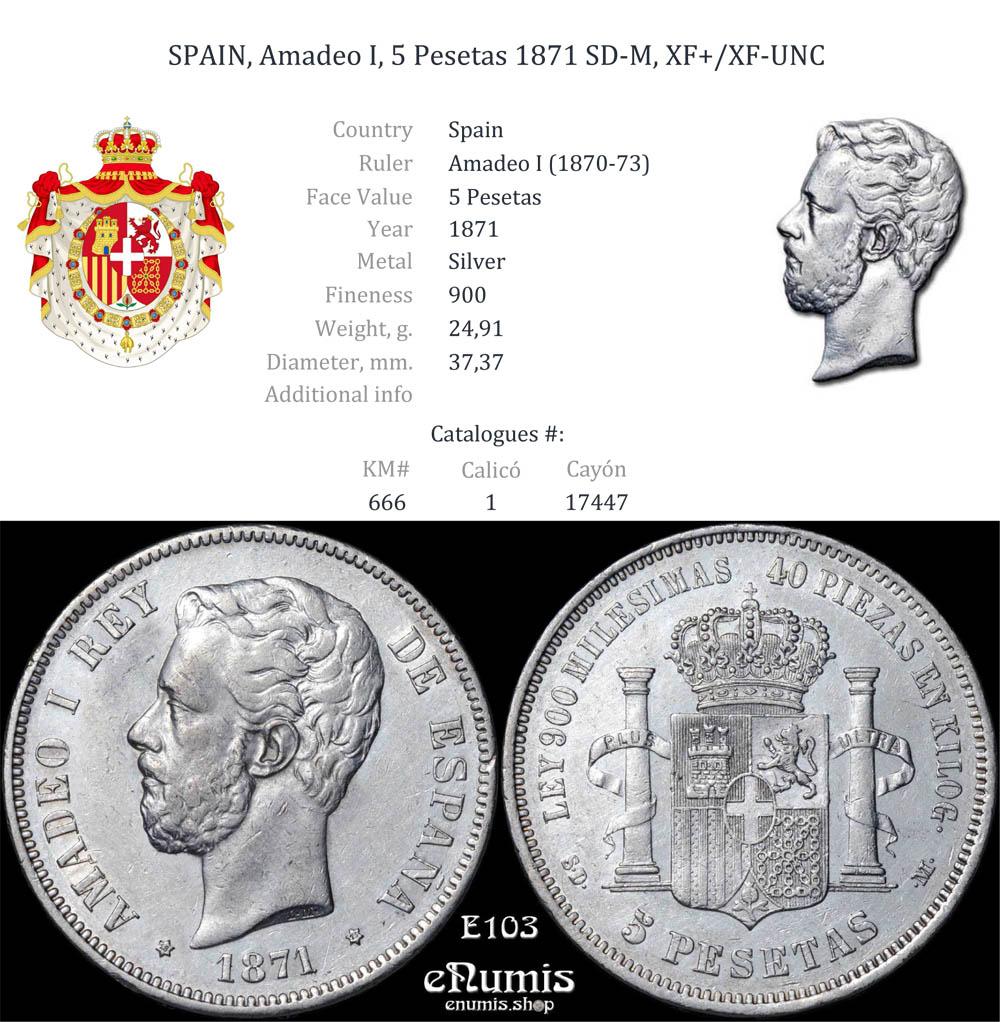 SPAIN, Amadeo I, 5 Pesetas 1871 SD-M, XF+/XF-UNC