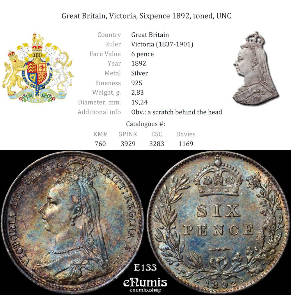 Great Britain, Victoria, Sixpence 1892, toned, UNC