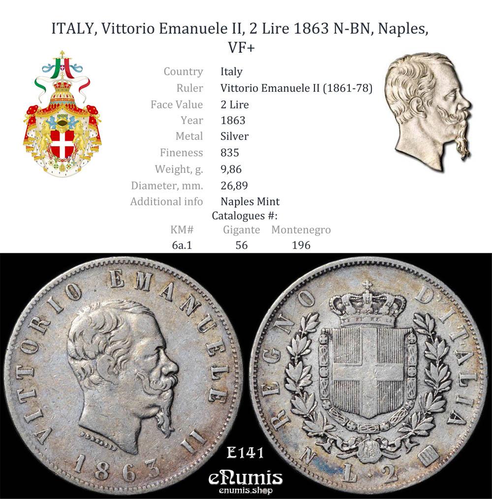 ITALY, Vittorio Emanuele II, 2 Lire 1863 N-BN, Naples, VF+