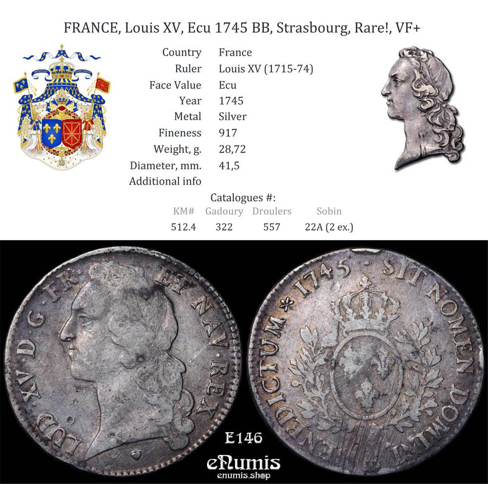 FRANCE, Louis XV, Ecu 1745 BB, Strasbourg, Rare!, VF+