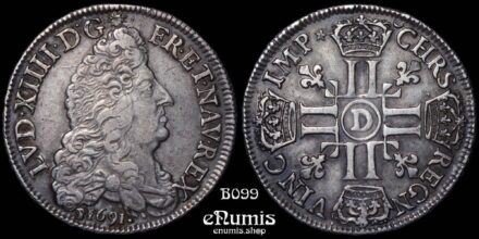 FRANCE, Louis XIV, 1/2 Ecu 1691 D, Lyon, XF+