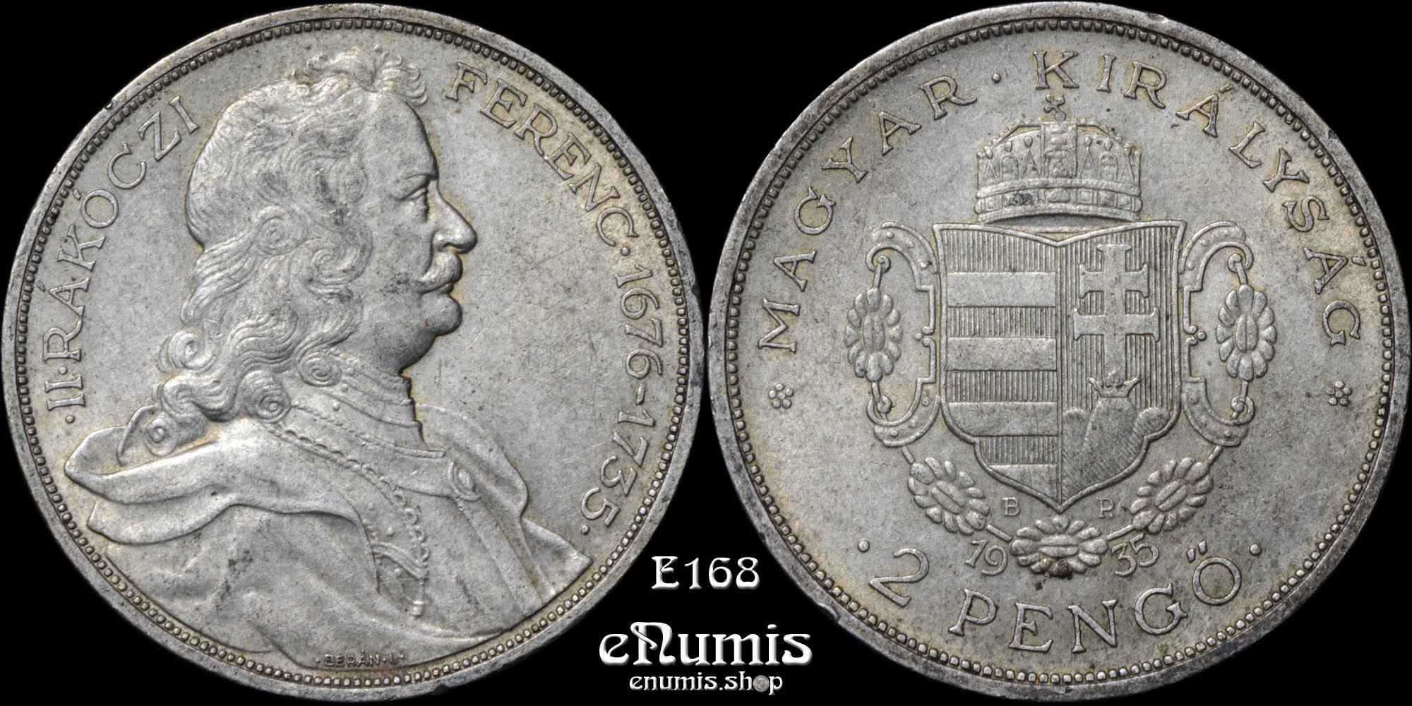 HUNGARY, 2 Pengo 1935, Bicentennial - Death of Rakoczi, aUNC