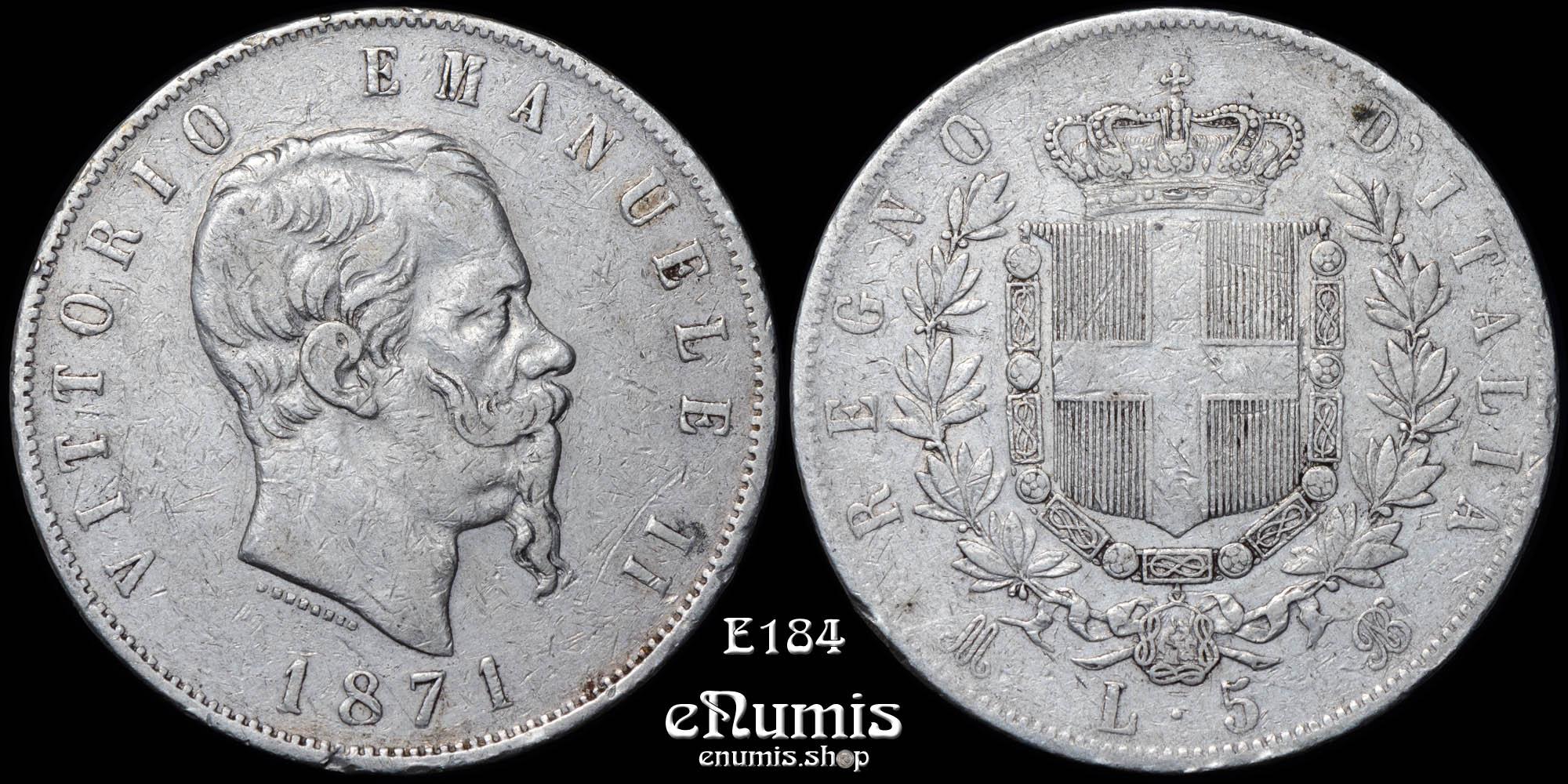 ITALY, Vittorio Emanuele II, 5 Lire 1871 M-BN, VF