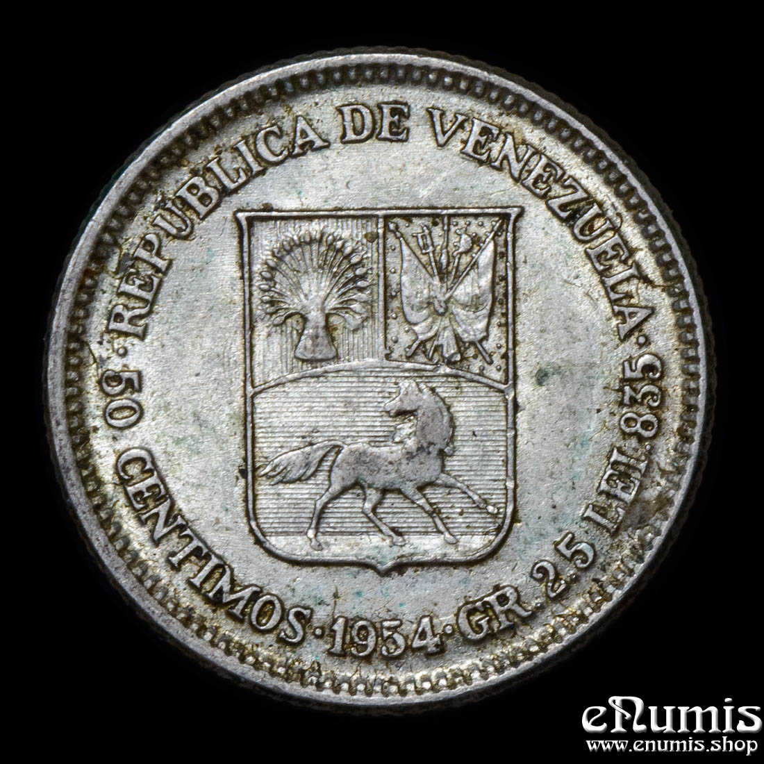 Venezuela, 50 Centimos 1954, silver, UNC