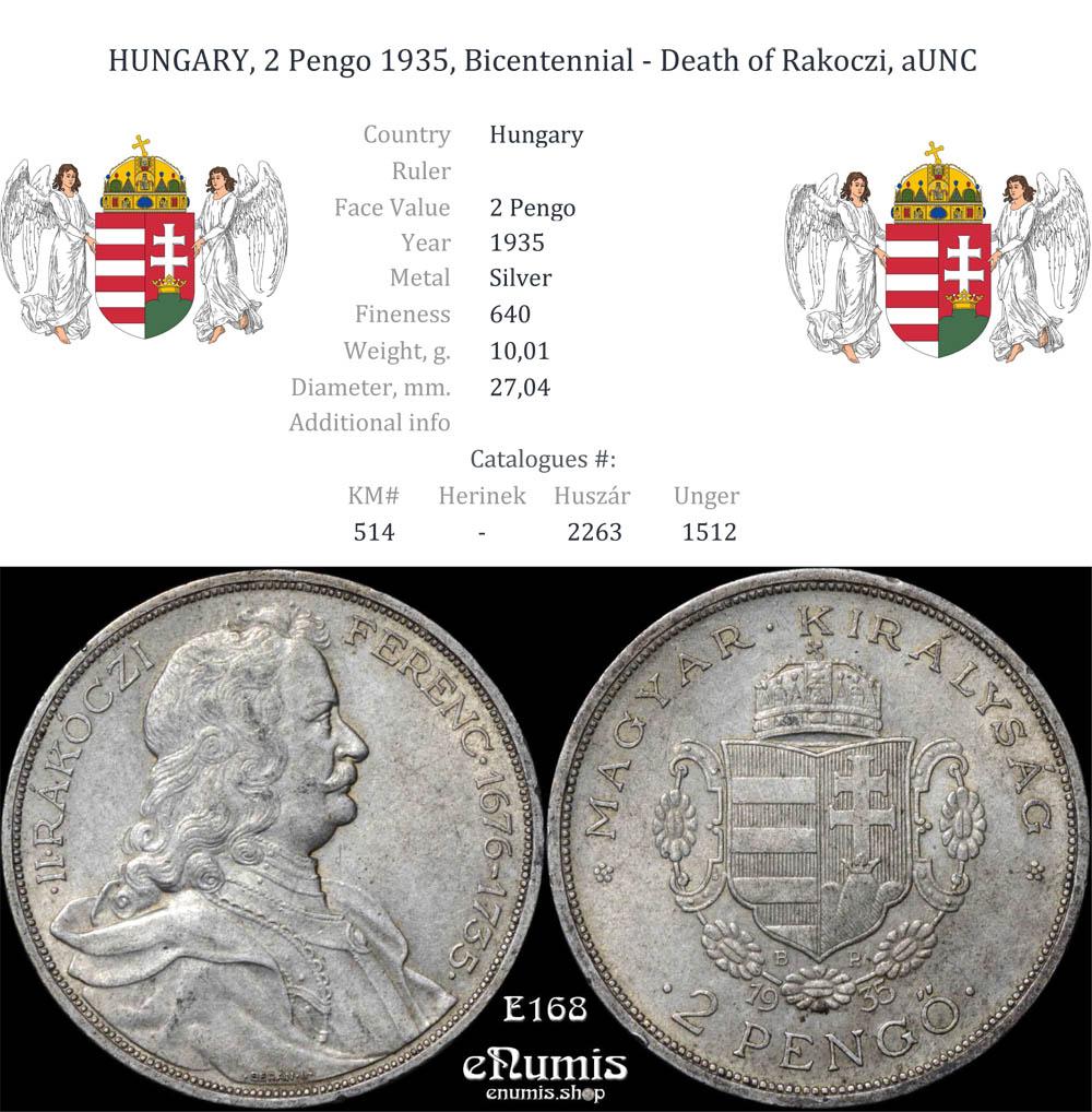 HUNGARY, 2 Pengo 1935, Bicentennial - Death of Rakoczi, aUNC