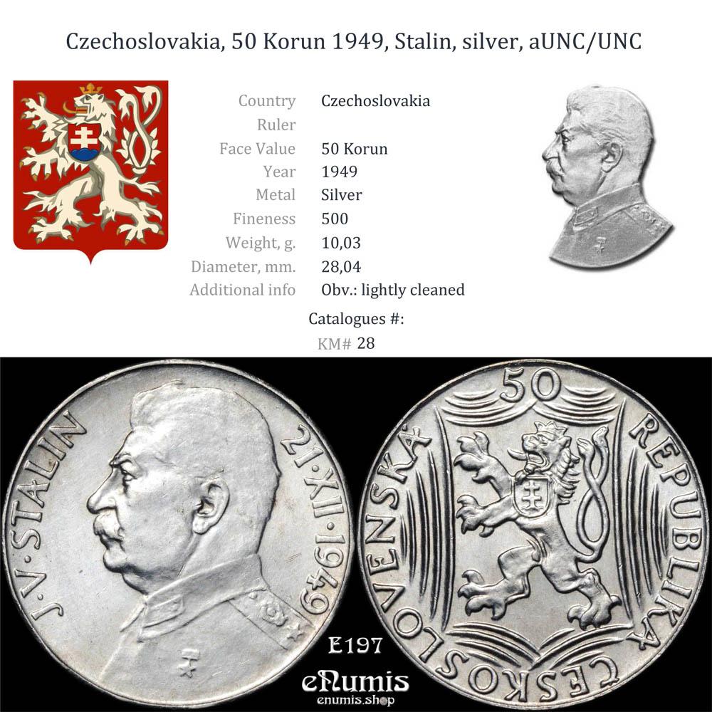 Czechoslovakia, 50 Korun 1949, Stalin, silver, aUNC/UNC Czechoslovakia, 50 Korun 1949, Stalin, silver, aUNC/UNC