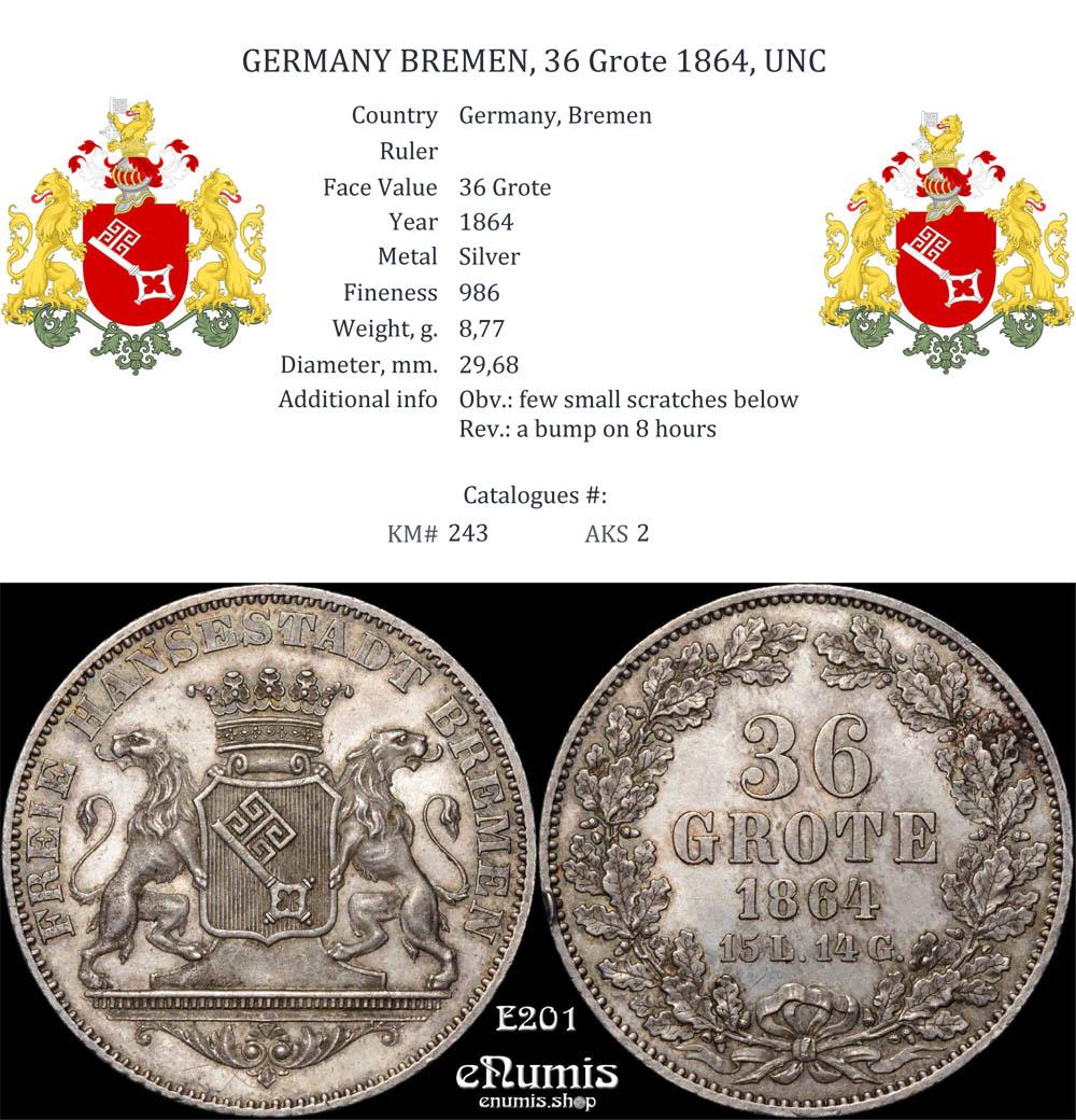GERMANY BREMEN, 36 Grote 1864, UNC