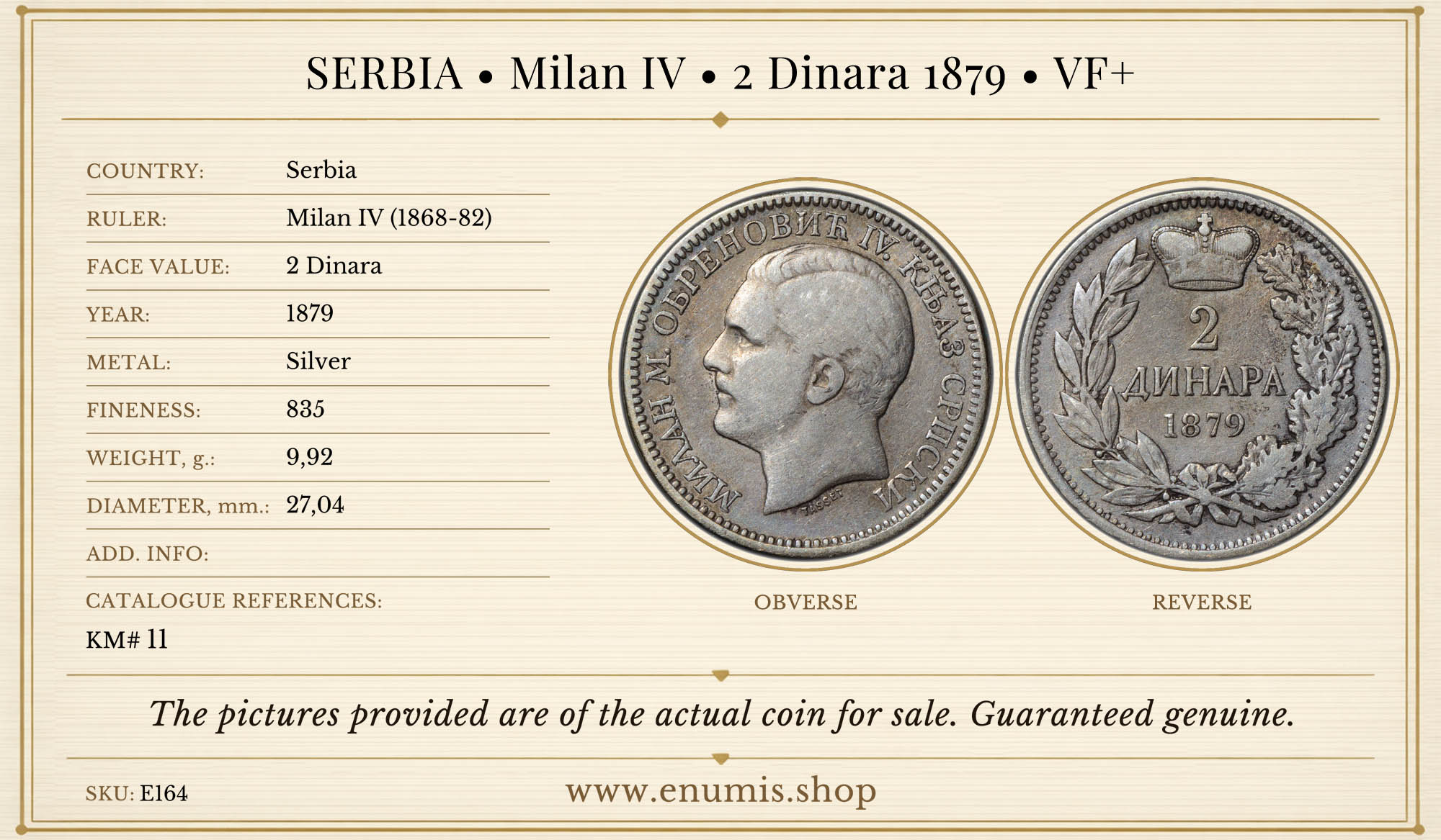 SERBIA, Milan IV, 2 Dinara 1879, VF+