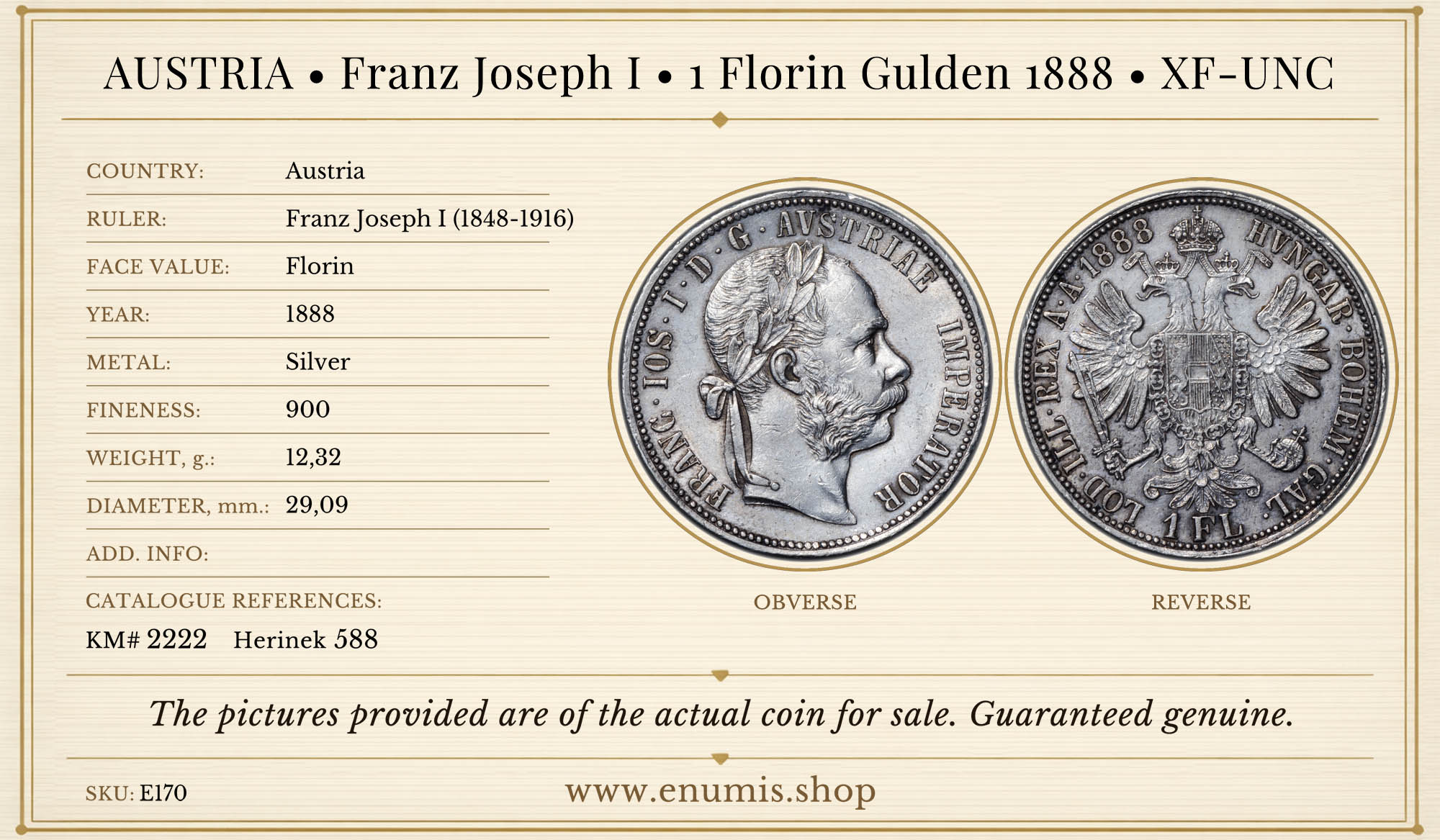 AUSTRIA, Franz Joseph I, 1 Florin Gulden 1888, XF-UNC