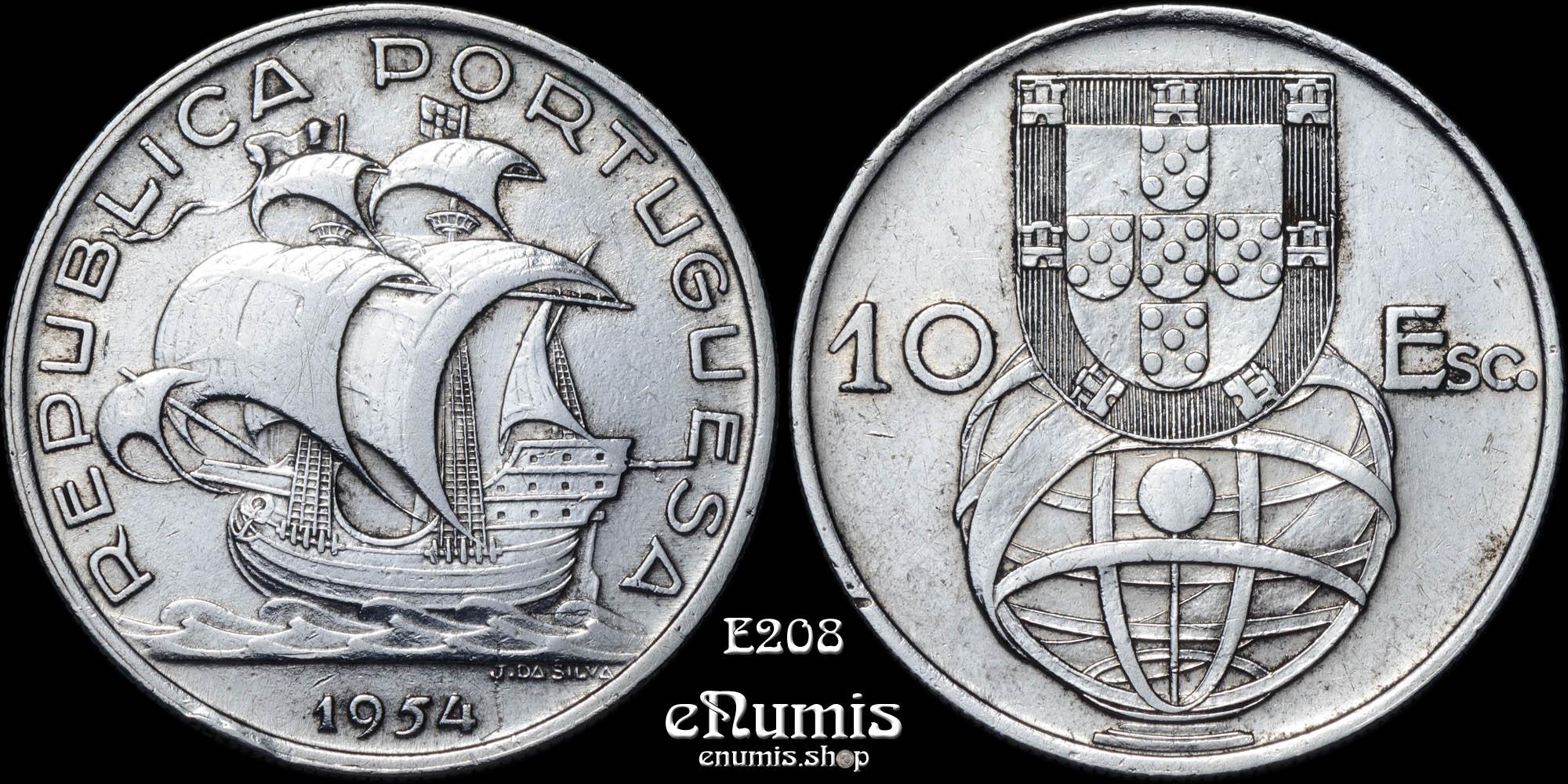 PORTUGAL, 10 Escudos 1954, silver, VF-XF
