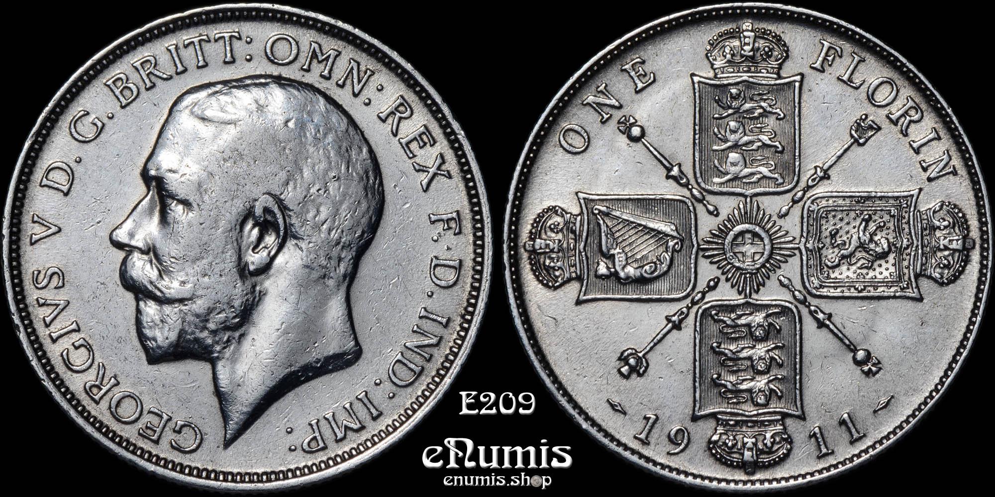 Great Britain, George V, Florin 1911, scarce type, Shallow neck, aXF/aUNC