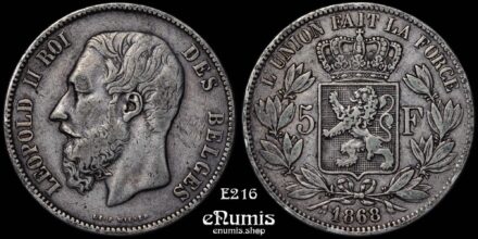 BELGIUM, Leopold II, 5 Francs 1868, VF