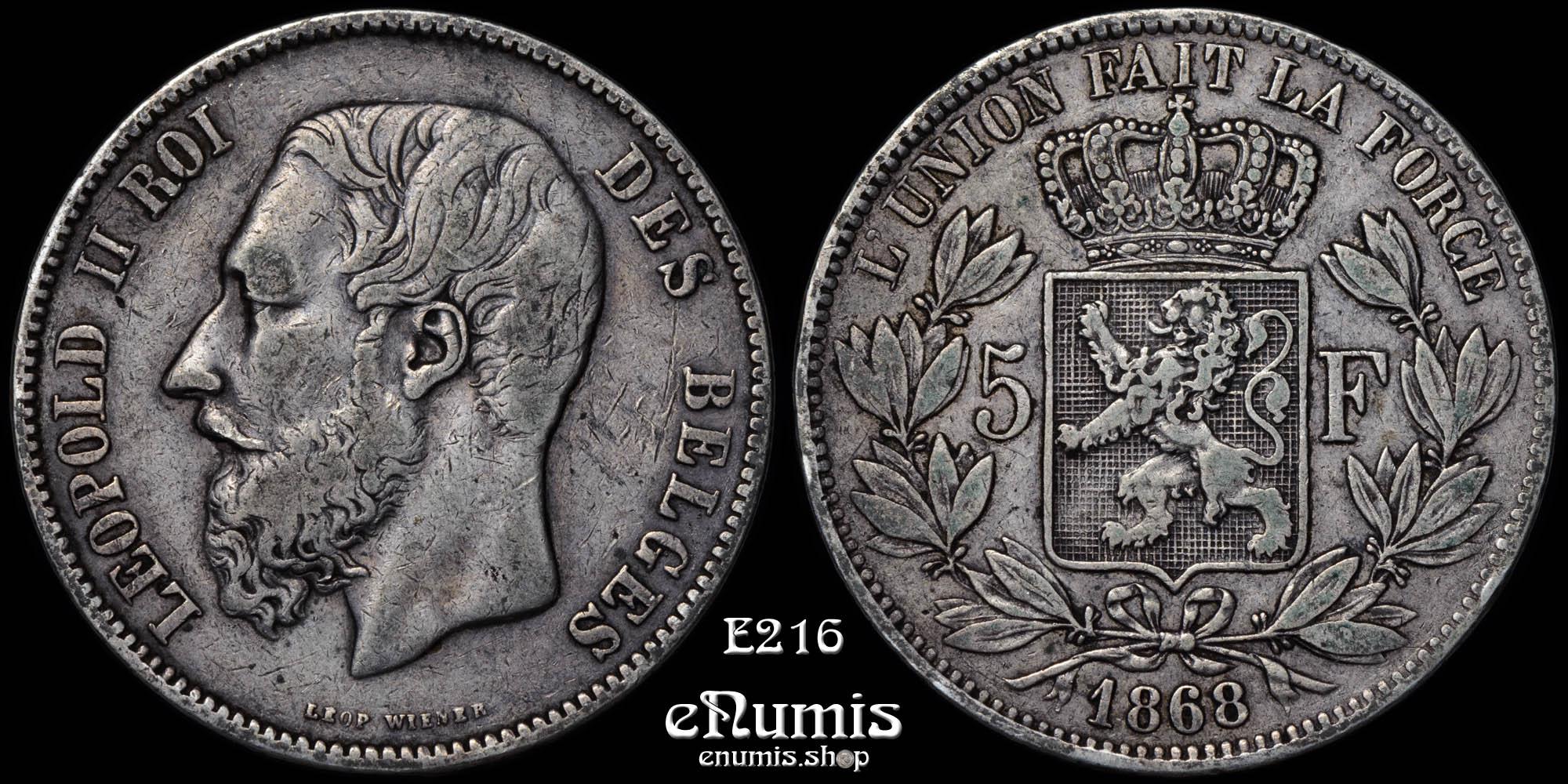 BELGIUM, Leopold II, 5 Francs 1868, VF