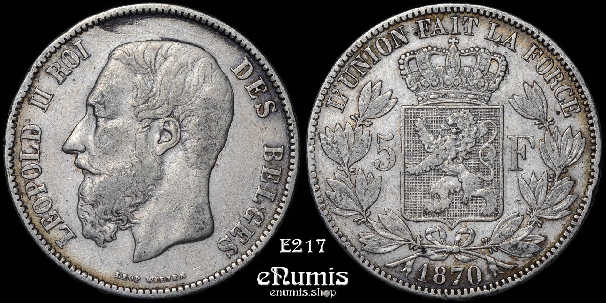 BELGIUM, Leopold II, 5 Francs 1870, VF