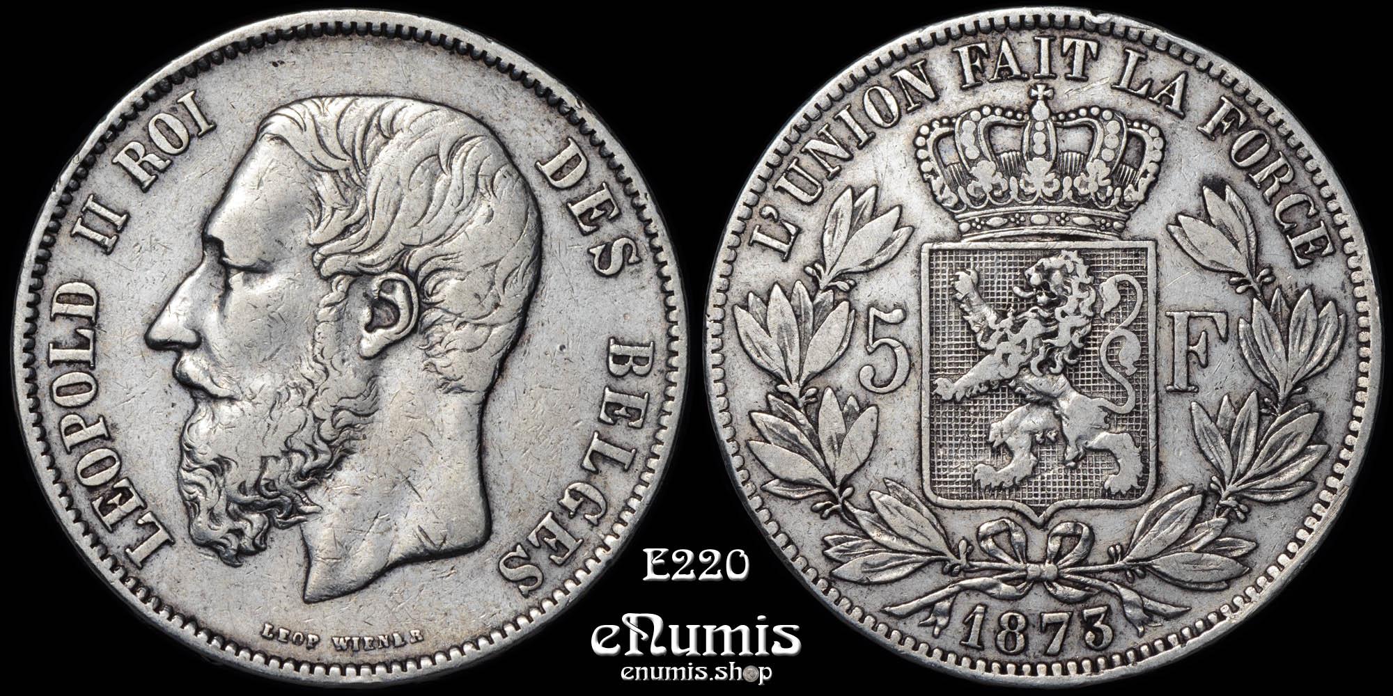 BELGIUM, Leopold II, 5 Francs 1873, VF BELGIUM, Leopold II, 5 Francs 1873, VF
