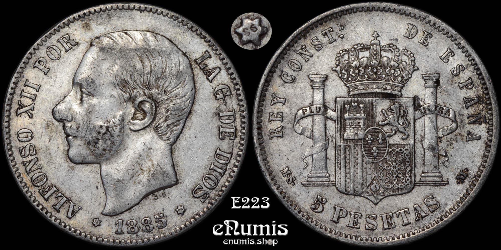 SPAIN, Alfonso XII, 5 Pesetas 1885 (1886) MS-M, VF+/VF-XF