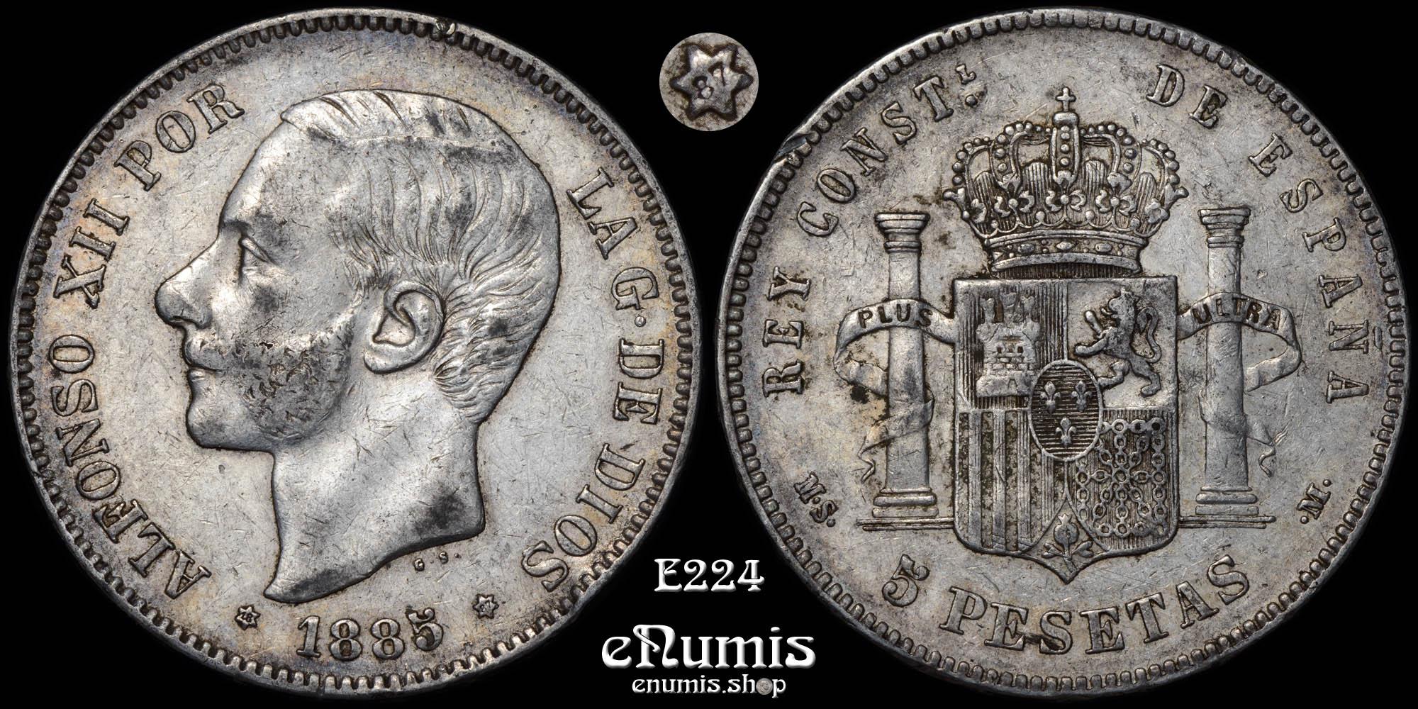SPAIN, Alfonso XII, 5 Pesetas 1885 (1887) MS-M, VF+