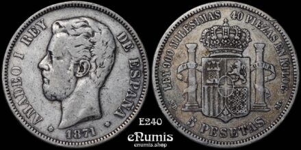 SPAIN, Amadeo I, 5 Pesetas 1871 SD-M, VF