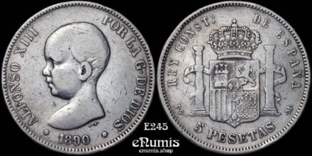 SPAIN, Alfonso XIII, 5 Pesetas 1890 PG-M, VF