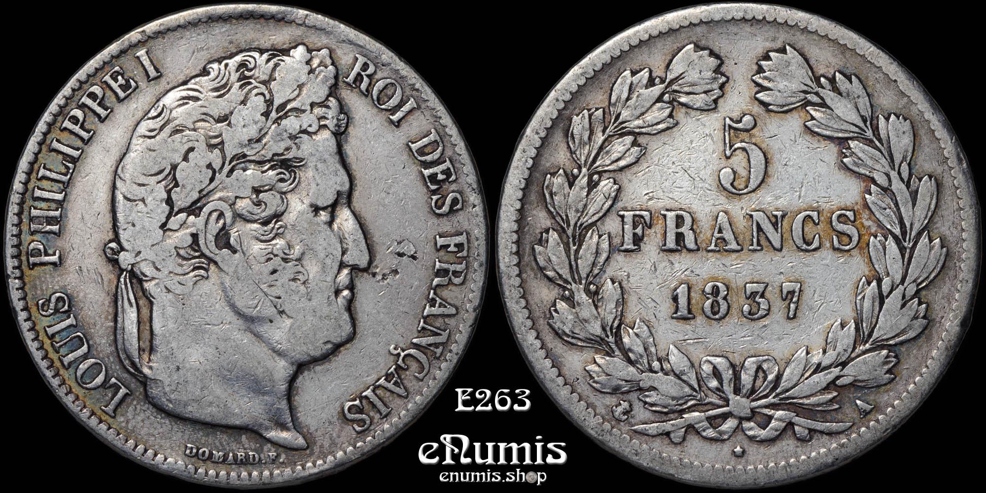 FRANCE, Louis Philippe, 5 Francs 1837 A, Paris, VF