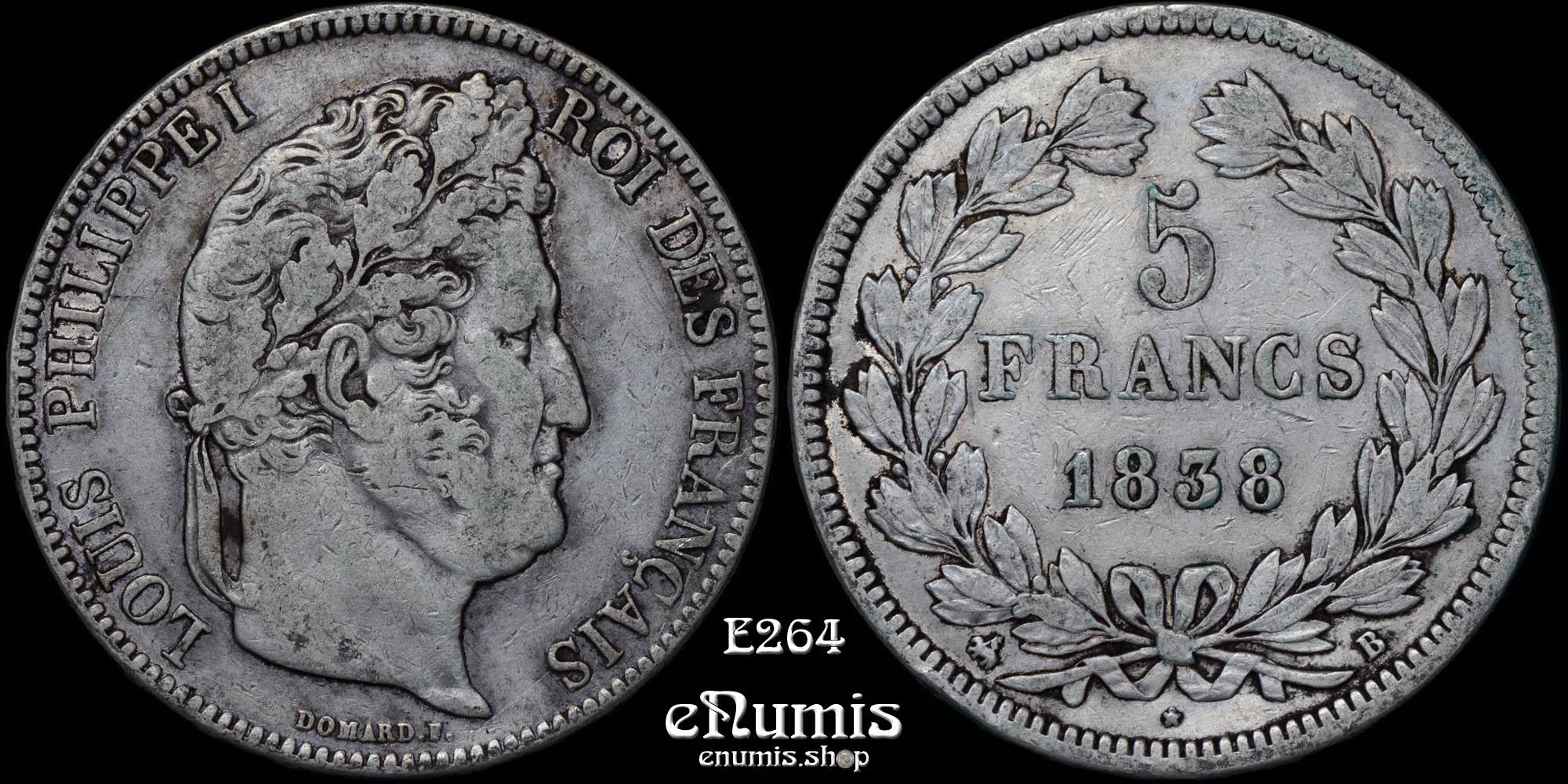FRANCE, Louis Philippe, 5 Francs 1838 B, Rouen, aVF