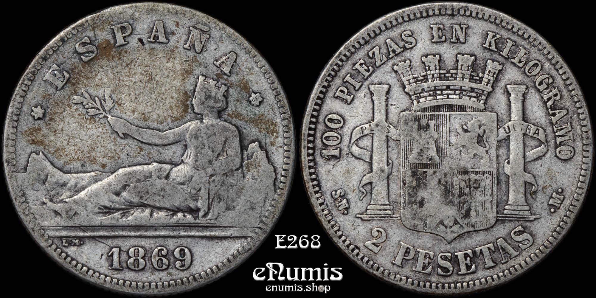 SPAIN, Provisional Government, 2 Pesetas 1869 SN-M, aVF