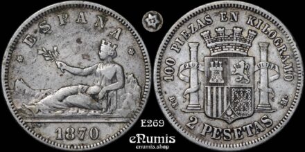 SPAIN, Provisional Government, 2 Pesetas 1870 (1873) DE-M, VF