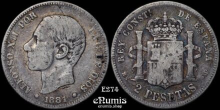SPAIN, Alfonso XII, 2 Pesetas 1881 MS-M, aVF