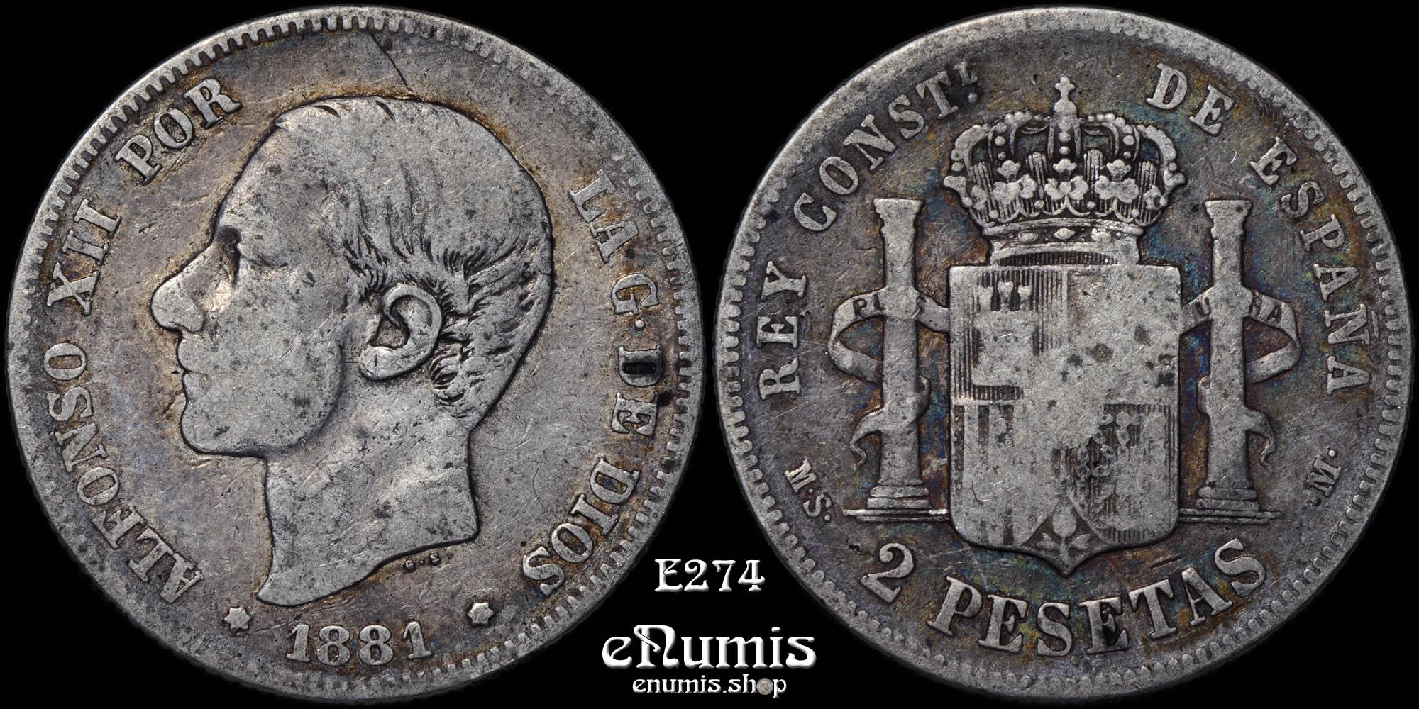 SPAIN, Alfonso XII, 2 Pesetas 1881 MS-M, aVF