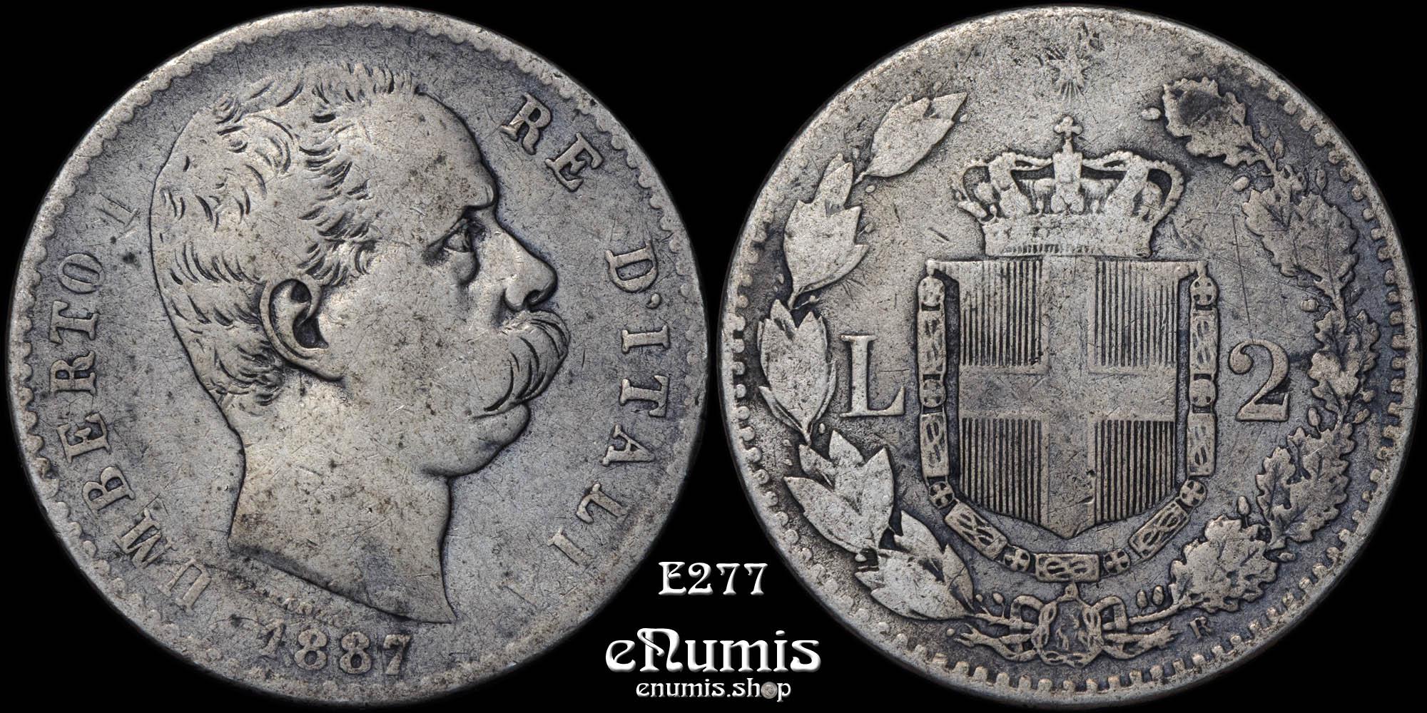 ITALY, Umberto I, 2 Lire 1887 R, aVF ITALY, Umberto I, 2 Lire 1887 R, aVF