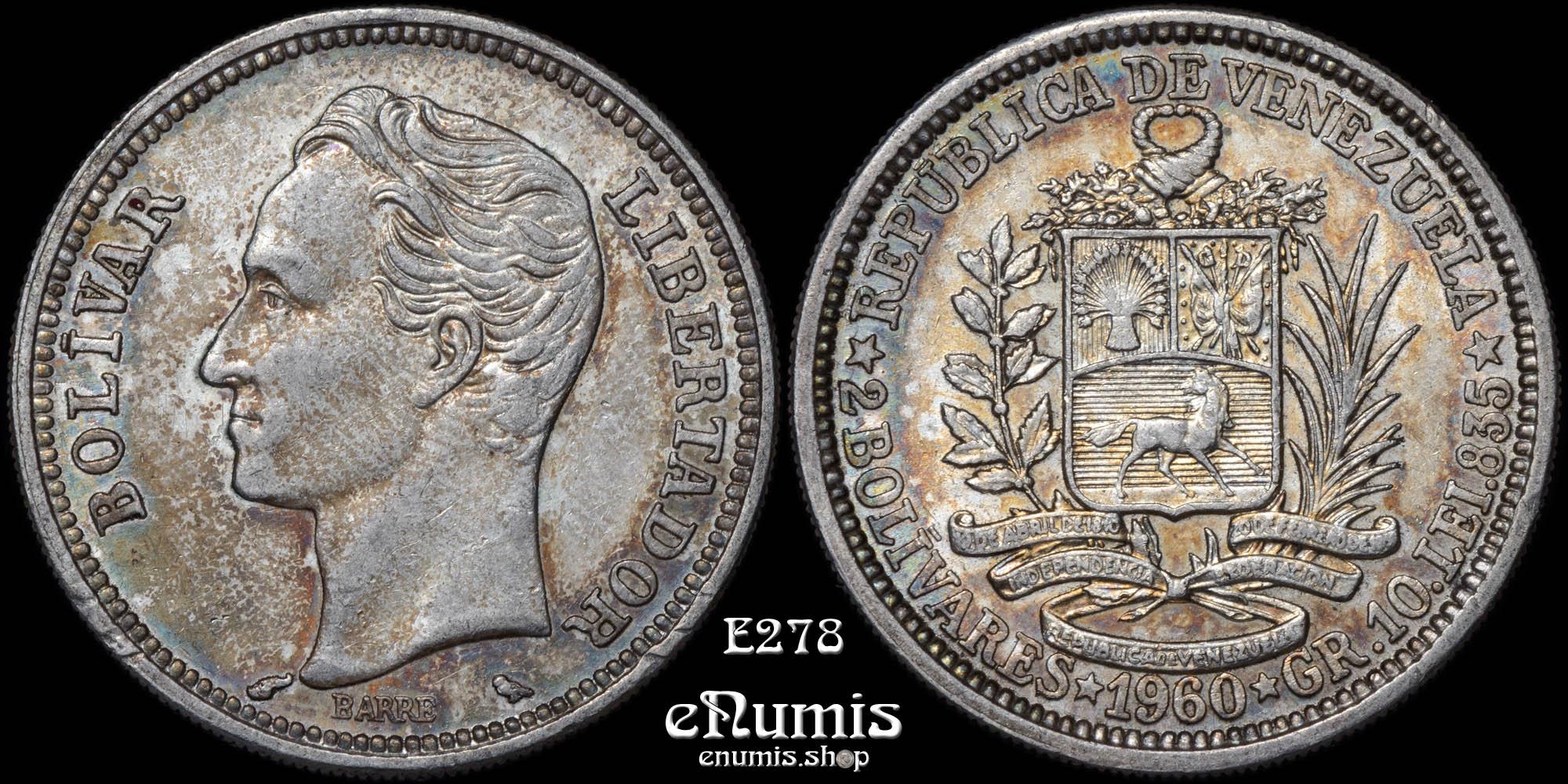 Venezuela, 2 Bolivares 1960, silver, aUNC