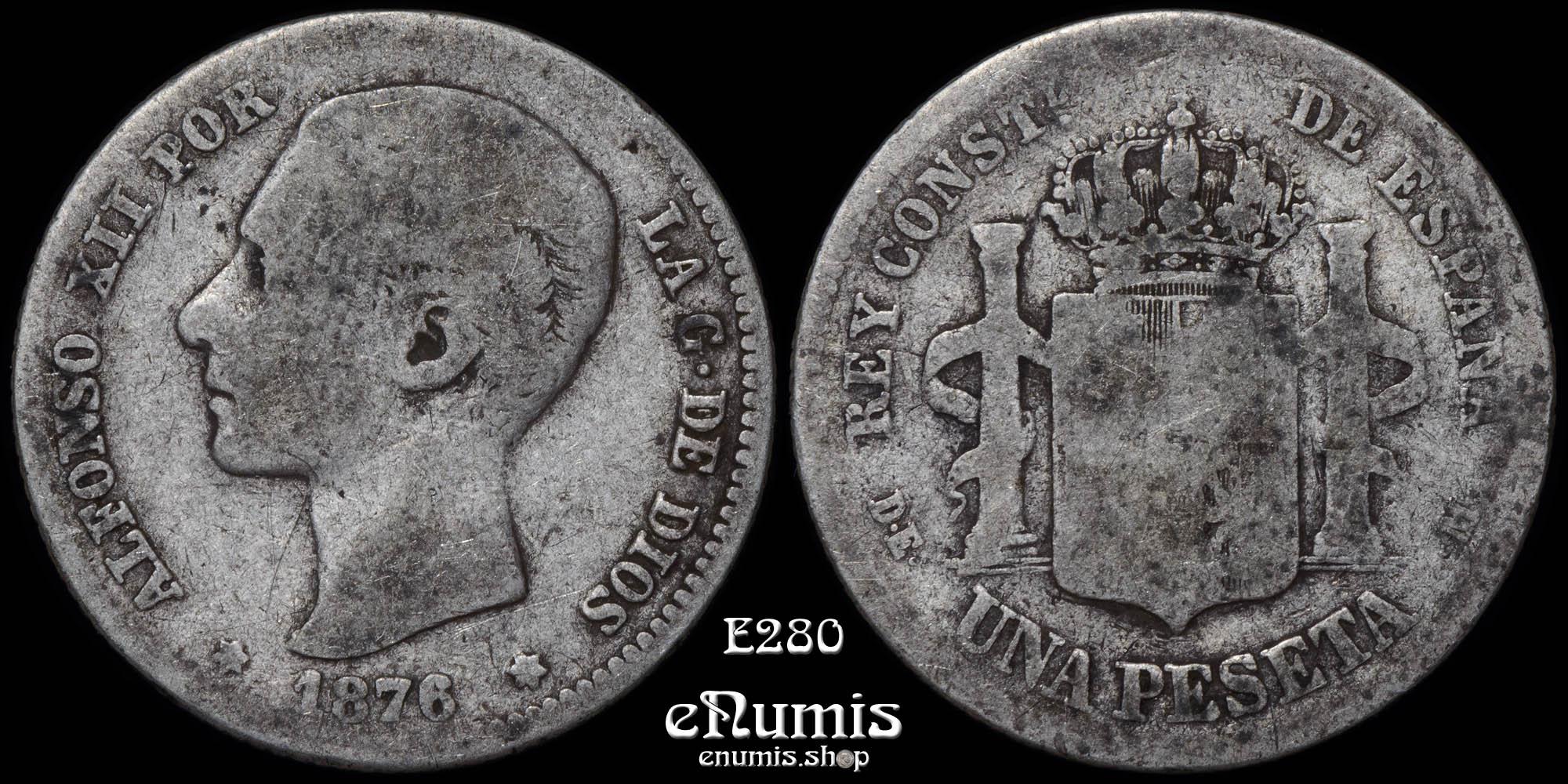 SPAIN, Alfonso XII, 1 Peseta 1876 DE-M, Fine SPAIN, Alfonso XII, 1 Peseta 1876 DE-M, Fine