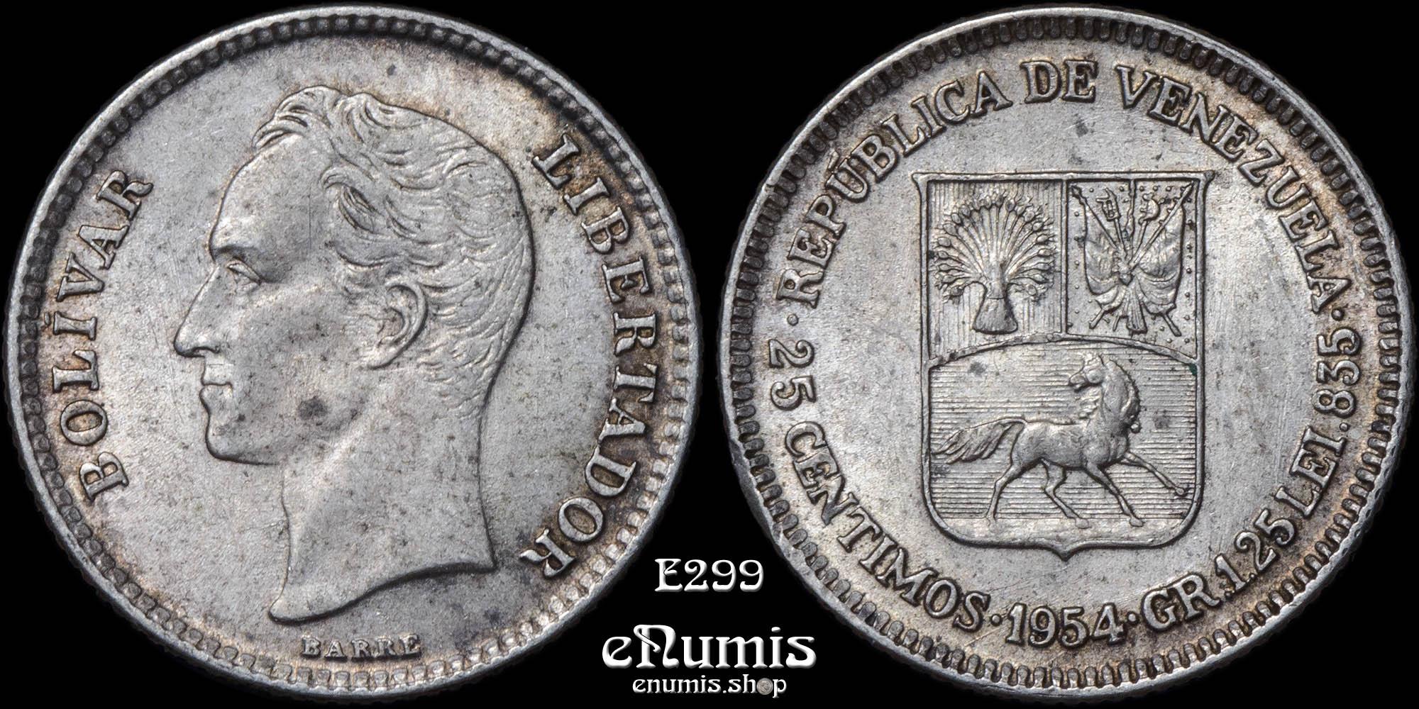 Venezuela, 25 Centimos 1954, silver, UNC