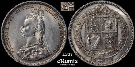 Great Britain, Victoria, Shilling 1887, Rare, Q of QUI has long LOOPLESS tail, UNC