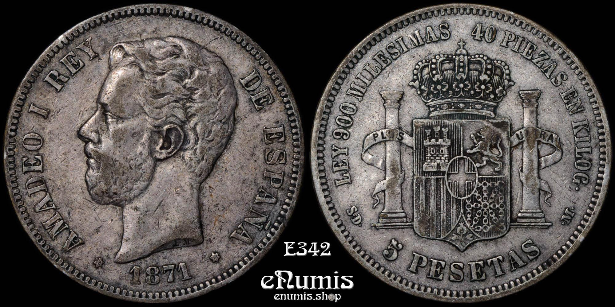 SPAIN, Amadeo I, 5 Pesetas 1871 SD-M, VF+ SPAIN, Amadeo I, 5 Pesetas 1871 SD-M, VF+