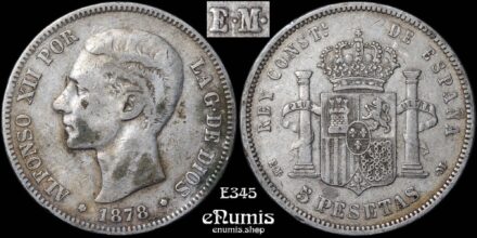 SPAIN, Alfonso XII, 5 Pesetas 1878 EMM/DEM, Rare!, VF/VF+