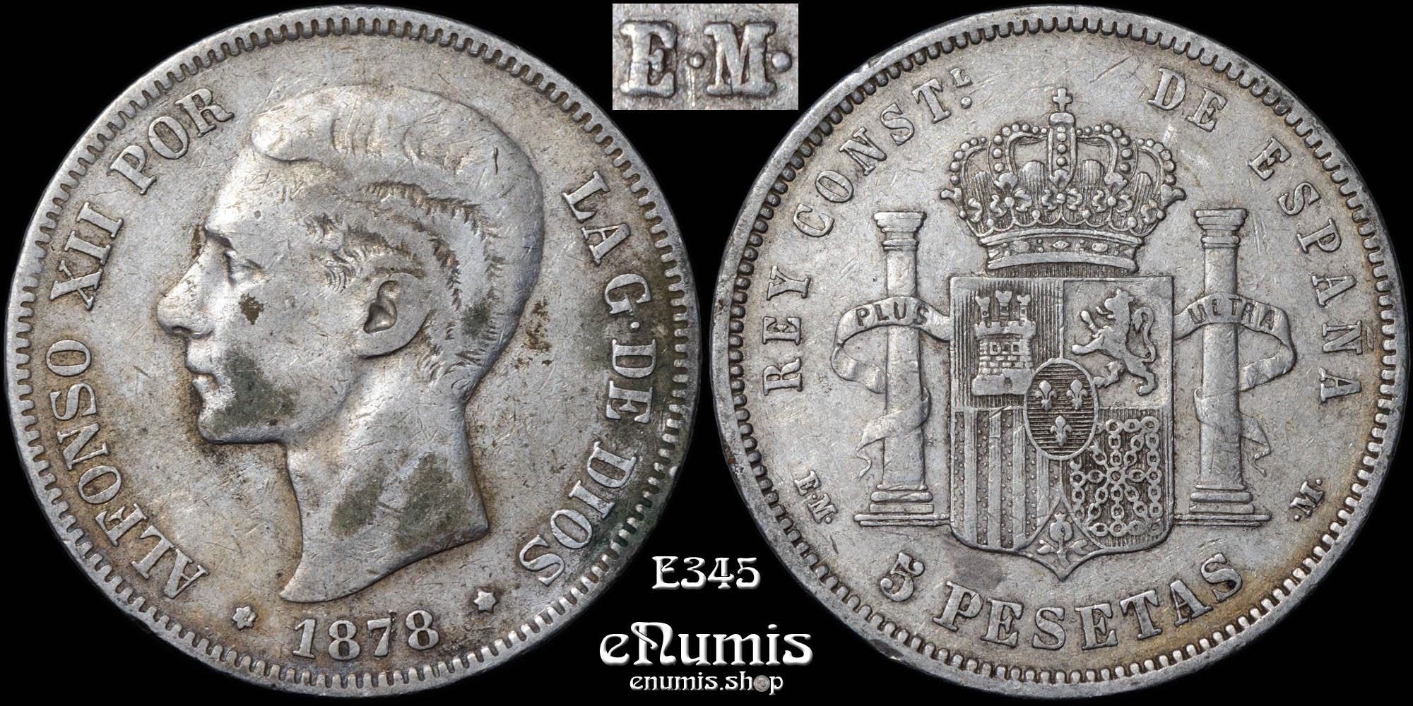 SPAIN, Alfonso XII, 5 Pesetas 1878 EMM/DEM, Rare!, VF/VF+