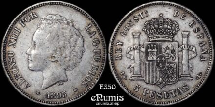 SPAIN, Alfonso XIII, 5 Pesetas 1893 PG-L, VF/VF+