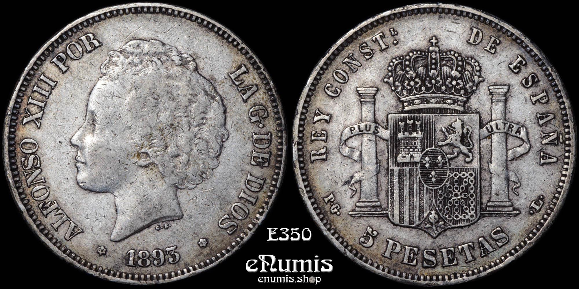 SPAIN, Alfonso XIII, 5 Pesetas 1893 PG-L, VF/VF+ SPAIN, Alfonso XIII, 5 Pesetas 1893 PG-L, VF/VF+