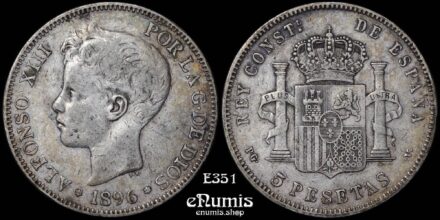 SPAIN, Alfonso XIII, 5 Pesetas 1896 PG-V, better date, VF