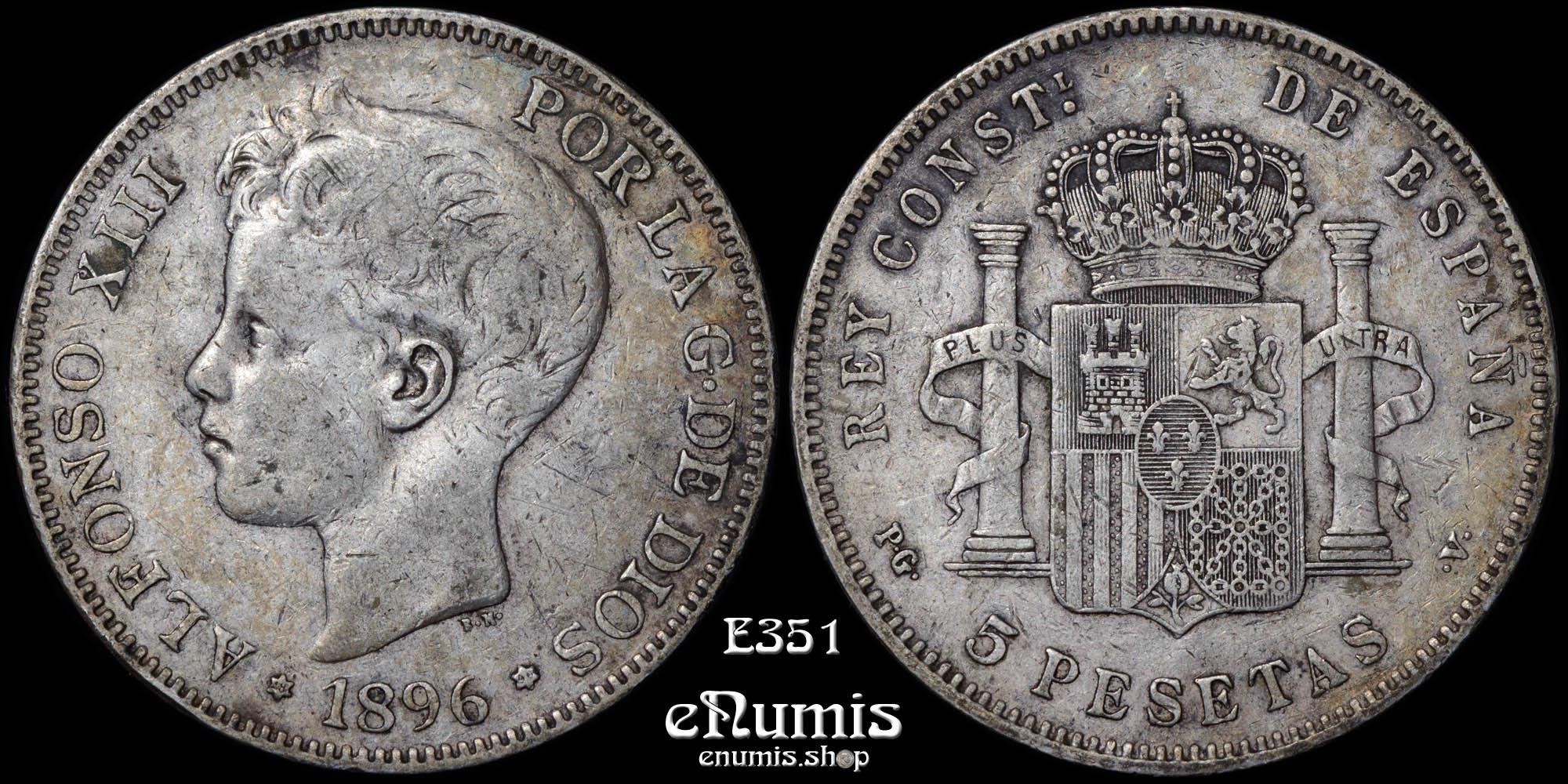 SPAIN, Alfonso XIII, 5 Pesetas 1896 PG-V, better date, VF