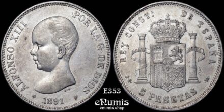 SPAIN, Alfonso XIII, 5 Pesetas 1891 PG-M, aXF