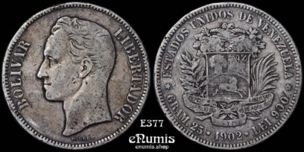 Venezuela, 5 Bolivares 1902, silver, VF