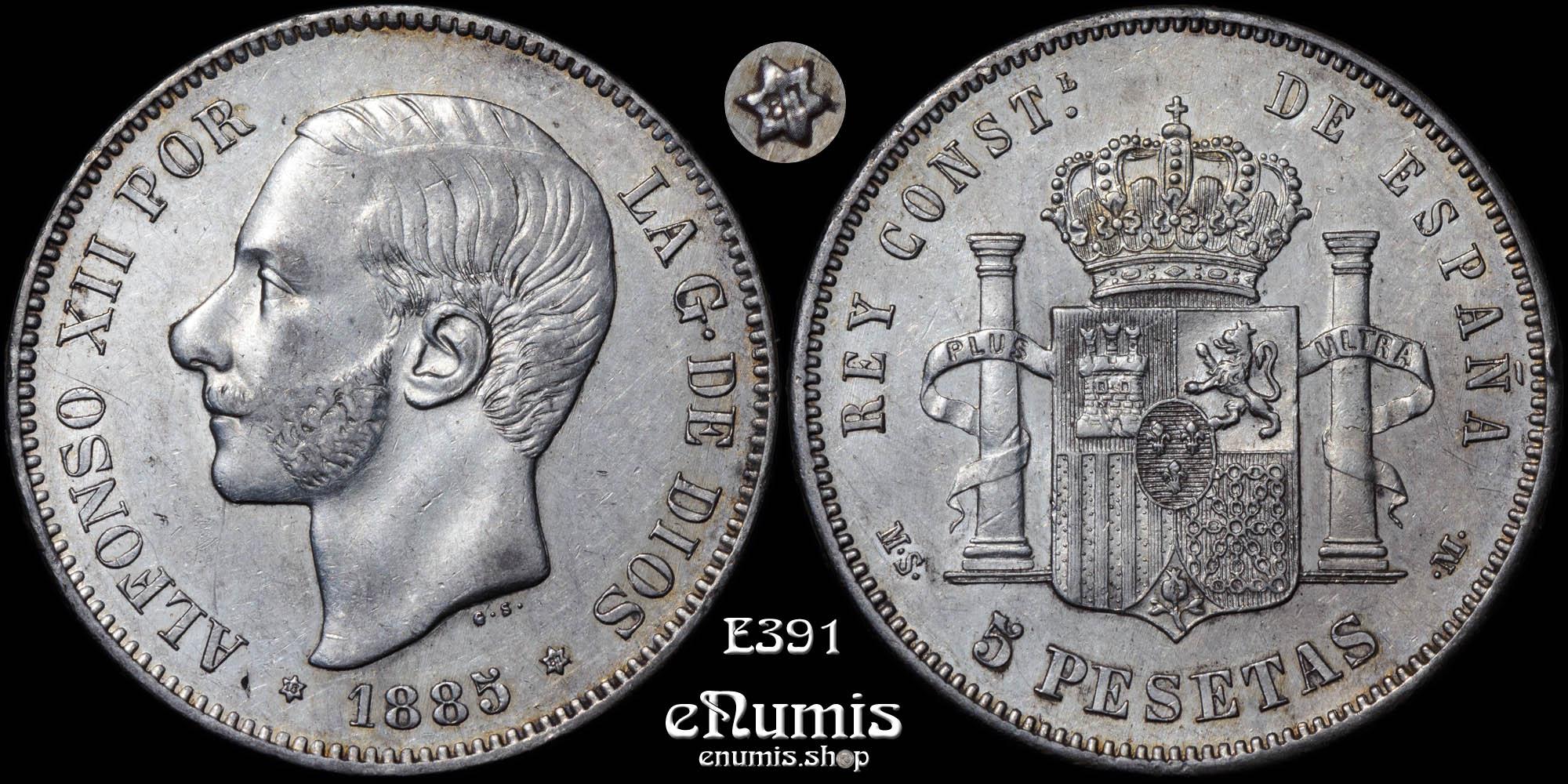 SPAIN, Alfonso XII, 5 Pesetas 1885 (1887) MS-M, XF+/XF-UNC