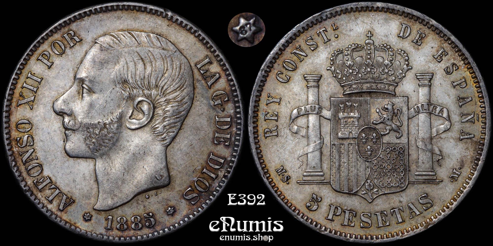 SPAIN, Alfonso XII, 5 Pesetas 1885 (1887) MS-M, toned, XF+/XF-UNC