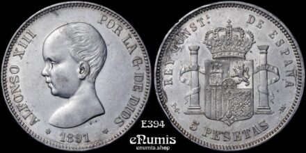 SPAIN, Alfonso XIII, 5 Pesetas 1891 PG-M, XF-UNC