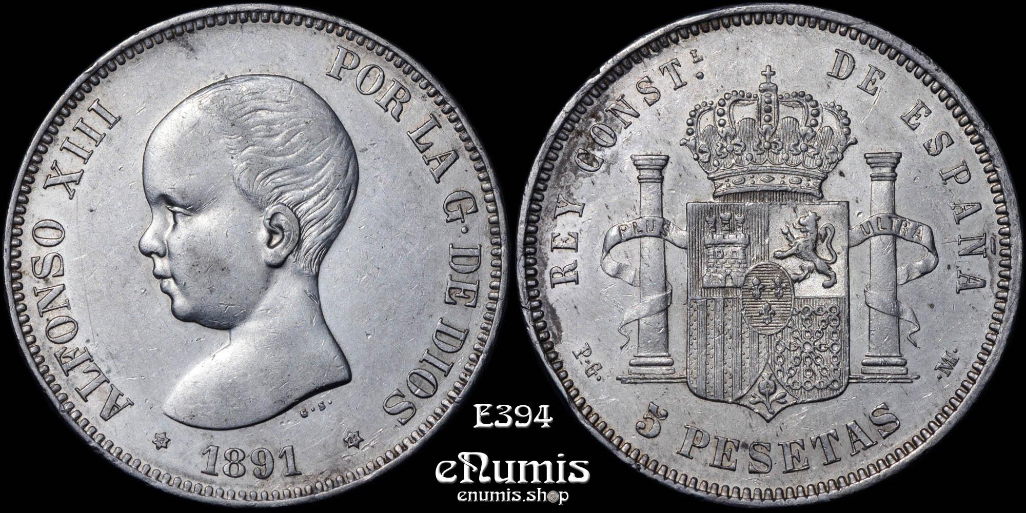 SPAIN, Alfonso XIII, 5 Pesetas 1891 PG-M, XF-UNC SPAIN, Alfonso XIII, 5 Pesetas 1891 PG-M, XF-UNC