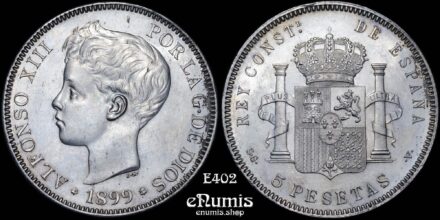 SPAIN, Alfonso XIII, 5 Pesetas 1899 SG-V, UNC