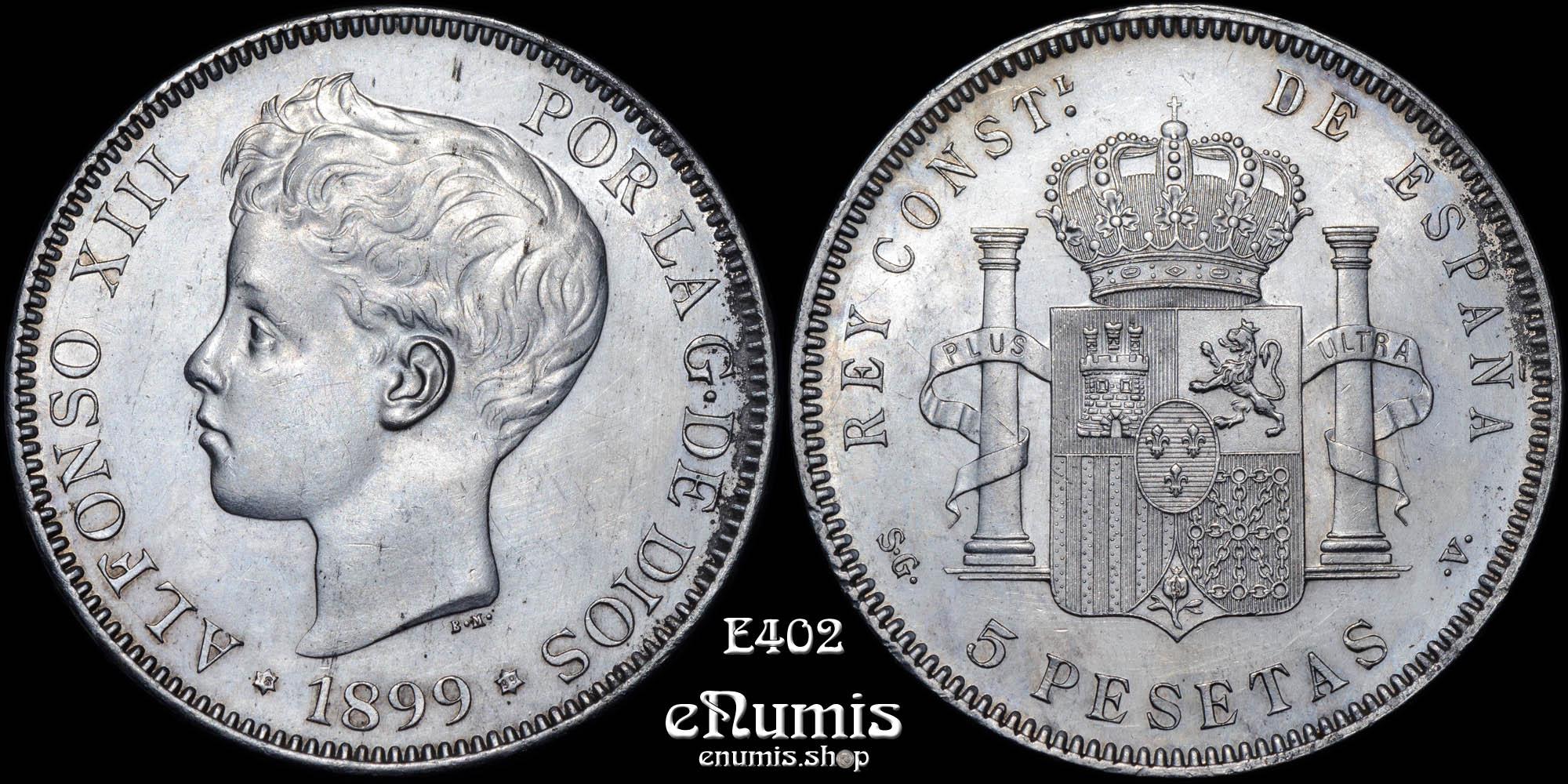 SPAIN, Alfonso XIII, 5 Pesetas 1899 SG-V, UNC
